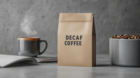 Decaf Coffee Pouch Mockup, Cozy Morning with Open Book and Steaming Mug on Concrete Backgroundの素材