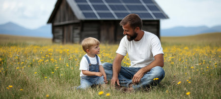 Father And Son Enjoying Sunny Day On A Meadow With A Countryside House Powered By Solar Panelsの素材