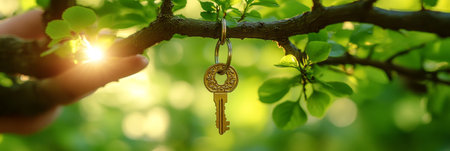 Golden Key Hanging From Tree Branch In Sunlight, Symbolizing New Beginnings And Hope.の素材