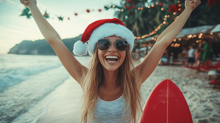 Christmas Beach Getaway Joyful Woman Celebrates Holidays with Surfboard on Tropical Beachの素材