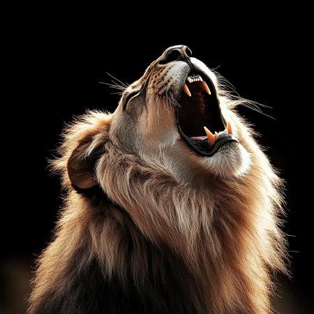 Portrait of a Majestic Lion Roaring Fiercely Against a Dark Background, Wildlife Photographyの素材