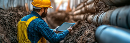Engineer Inspects Pipe Installation In Trench Modern Construction  Digital Technologyの素材