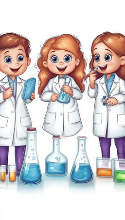 Three Young Scientists Conduct Experiments, Excited by Discoveries in the Chemistry Labの素材