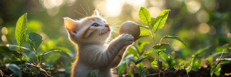 Playful Kitten Enjoys Play Time - Bask in Sunlight With Wooden Toy Amidst Lush Greeneryの素材