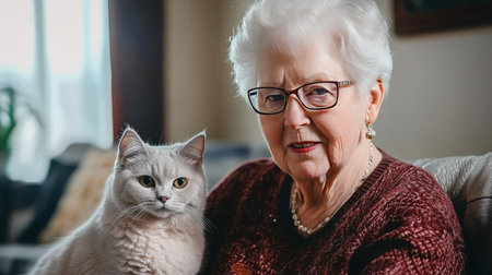 Senior Womans Affectionate Gaze, A Heartwarming Portrait with Her Beloved Cat Companion.の素材