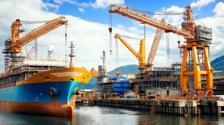 Large Ship Under Construction in Shipyard with Cranes, Staging, and Blue Sky Backgroundの素材
