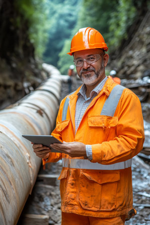 Construction Engineer Inspects Large Pipe Installation In Trench, Modern Infrastructure Projectの素材