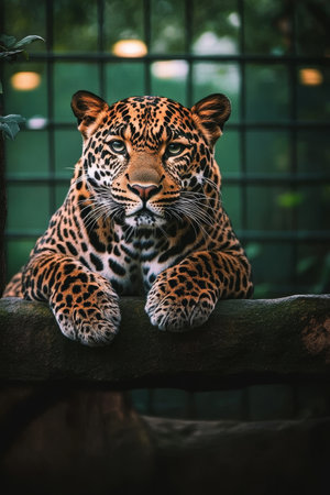 Powerful Leopard Perched on a Log, Gazing with Intensity. Captivity, Wildlife Conservationの素材