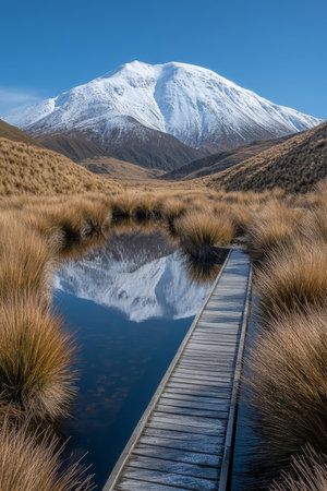 Tranquil mountain lake reflections with wooden boardwalk, majestic New Zealand landscape panorama,の素材