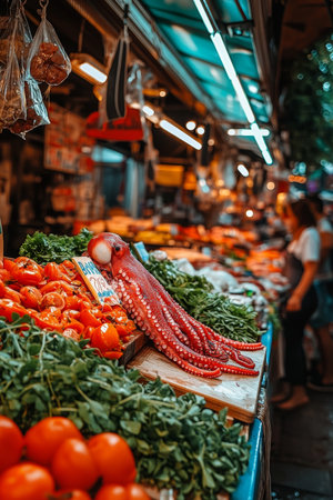 Fresh Octopus Displayed at a Bustling Seafood Market Stall, Surrounded by Colorful Produceの素材