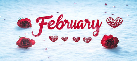 February Romance Red Roses on Snowy Background with Hearts, Ideal Concept for Valentines Dayの素材