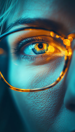 Close Up of a Womans Eye with Stylish Glasses, Featuring a Dreamy, Magical Bokeh Effectの素材