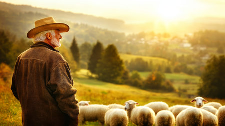 Golden Hour on the Ranch Senior Cowboy Surveys his Pasture with Peaceful Contemplationの素材