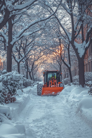 Winter Cityscape Snowplow Clears Snowy Road Through Picturesque Alley After Heavy Snowfallの素材