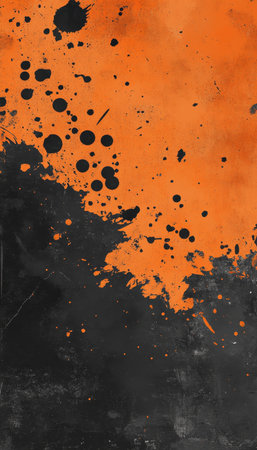 Abstract Background With Black Ink Splatter, Drops and Smudges on Vibrant Orange Textureの素材