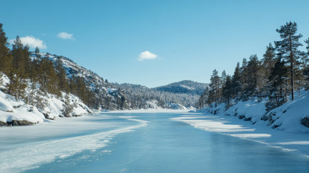 Cracked Blue Ice of a Frozen Winter Lake, Surrounded by Pine-Covered Hills Under a Clear Skyの素材