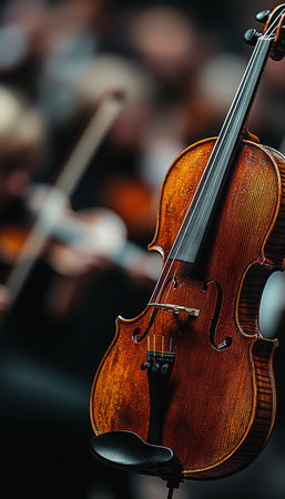 Close-up, Dark, Polished Violin, Orchestra Background, Classical Music. Concert, Performanceの素材