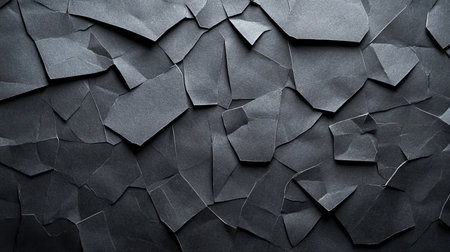 Dark Crumpled Paper Texture Background, Abstract Pattern of Torn and Folded Black Paperの素材
