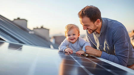 Father And Baby Examining Home Solar Panels Embracing Renewable Energy And Sustainability.の素材
