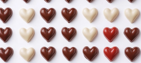 Rows of Dark, Milk And White Chocolate Hearts On a White Background, Valentines Day Treatの素材