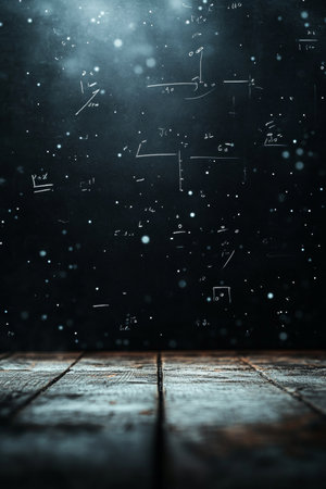 Abstract Mystical Education Background, Dark Wooden Table With Glowing Math Formulas On Blackboardの素材