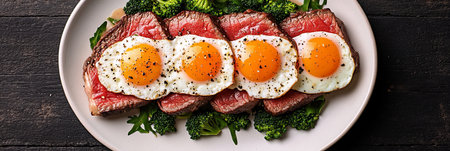 Meat And Eggs Platter, Four Sunny Side Up Fried Eggs Alongside Marbled Beef and Broccoli Floretsの素材