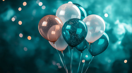 Festive Celebration A Bunch of Teal and Gold Balloons Against a Sparkling Bokeh Backgroundの素材