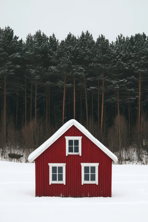 Red Wooden Cabin in Snow with Panoramic View of Forest, Winter Wonderland Serenity in Swedenの素材