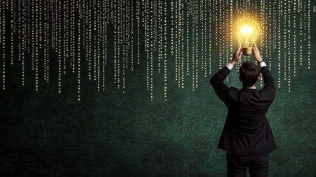 Business Innovation, Creative Idea. Businessman Holding Up Glowing Lightbulb, Data Stream Backgroundの素材