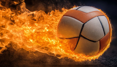 Fiery Volleyball On Fire Sporting Passion And Competition Background, 3D Illustrationの素材