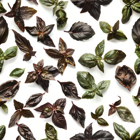 Fragrant Pattern Culinary Herbs of Green And Purple Basil On White For Seamless Backgroundの素材