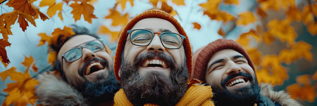 Three Friends, Overflowing with Joy, Share Laughter Under a Canopy of Vibrant Autumn Leaves.の素材