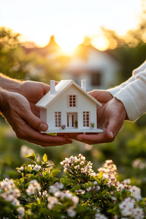 Couples Hands Holding Miniature House with Sunset and Cherry Blossoms, Homeownership Conceptの素材