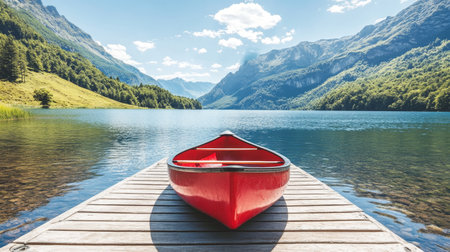 Lone Red Canoe Awaits Adventure on a Serene Mountain Lake Dock, Surrounded by Majestic Peaksの素材