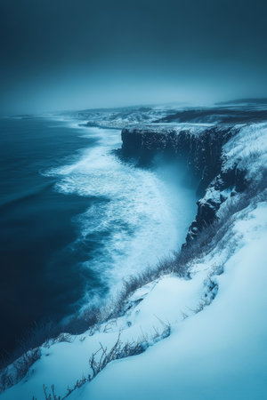 Dramatic Winter Coastline A Moody Icelandic Seascape with Snow Covered Cliffs and Foggy Nordic Seaの素材