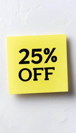 Bright Yellow Sticky Note with 25 Off Sale Announcement, Isolated on White Background.の素材