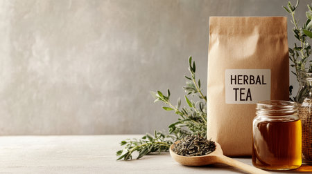 Herbal Tea Blend, Dried Herbs, Honey Jar on Gray Background Natural Wellness Concept.の素材