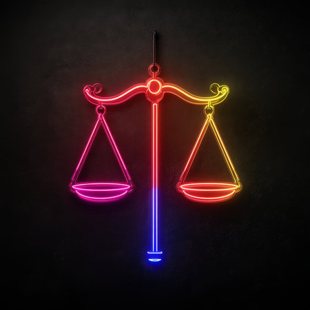 Neon Scales of Justice, a Symbol of Equality and Law in Vibrant Rainbow Colors on Dark Backgroundの素材