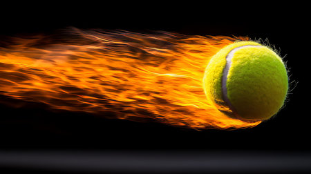 Fiery Tennis Ball Isolated on Black Background With Dramatic Lighting, Highlighting Textureの素材