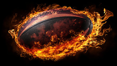 Burning Rugby Ball on Fire Intense Competition and Fiery Passion in Sport Photographyの素材