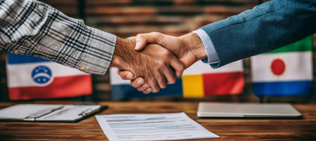 Closeup of Two Businessmen Shaking Hands in Front of Flags Symbolizing International Partnership.の素材