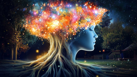 Woman Tree of Life, Fantasy Portrait with Glowing Magical Branches, Dreams and Imagination Concept.の素材