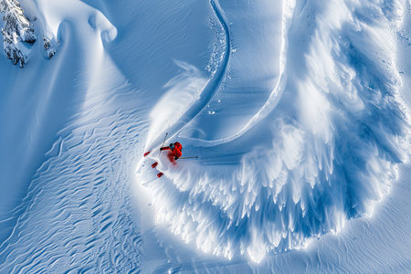 Aerial View of Skier Carving Through Deep Powder on Pristine Mountain, Leaving a Serpentine Trailの素材