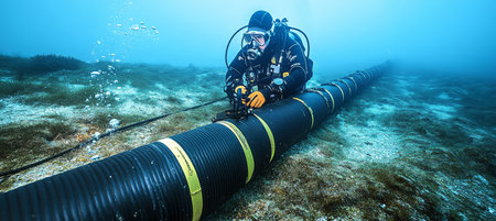 Underwater Diver Inspects Data Cable on Seabed, Ensuring Seamless Global Connectivityの素材