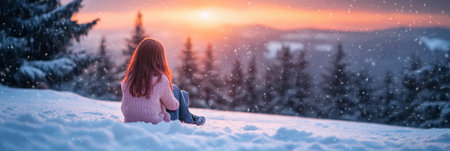 Girl Sitting On Snowy Ground Watching Scenic Sunset Over Snowy Mountains, Winter Wonderlandの素材