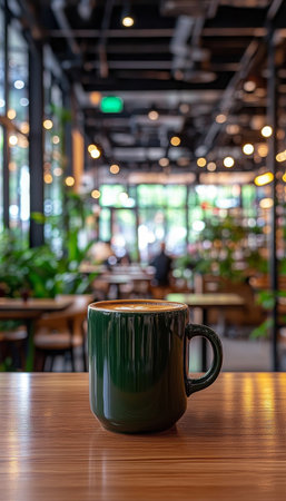 A Green Ceramic Coffee Mug Sits on a Wooden Table in a Trendy Cafe, with a Blurred Backgroundの素材