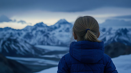 Young Girl Witnessing Majesty, Breathtaking Mountain Vista And Snow Covered Peaks, Glacier Viewの素材