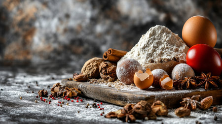 Easter Baking Ingredients, Colorful Eggs, Flour ,Spices on Rustic Wood. Festive Food Preparation.の素材