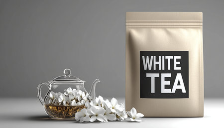 White Tea Packaging Mockup, Glass Teapot with Blooming Tea Flowers on a Minimalist Gray Background.の素材