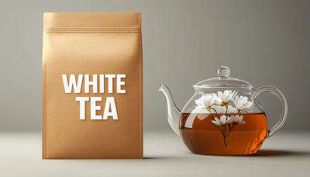 White Tea Time Kraft Pouch and Glass Teapot with Blooming Flower Infusion on Gray Background.の素材